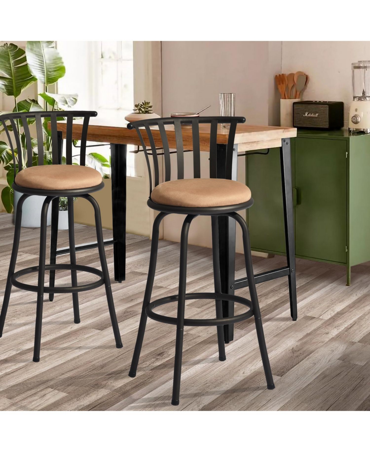 HomeRoots Set of Two 29" Microfiber and Metal Low Back Bar Height Swivel Bar Chairs