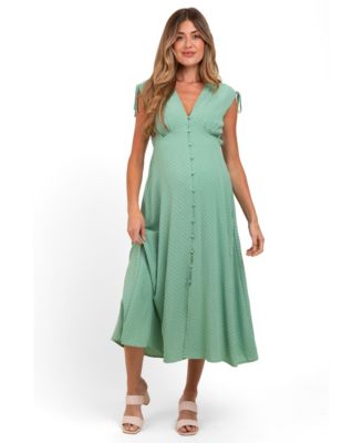 Women's Green Button-Down Polka Dot Shirred Bow Midi Dress