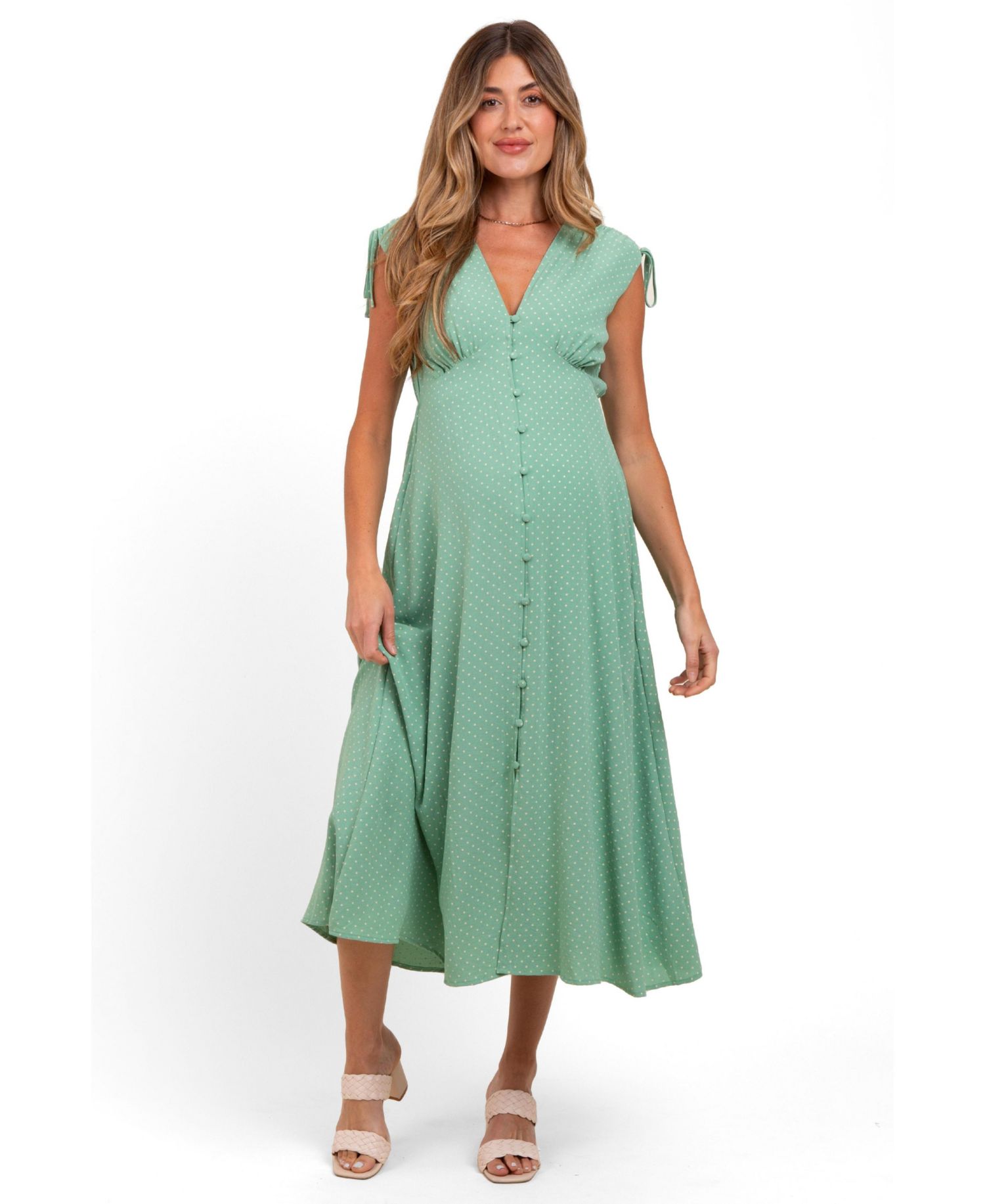 Women's Green Button-Down Polka Dot Shirred Bow Midi Dress