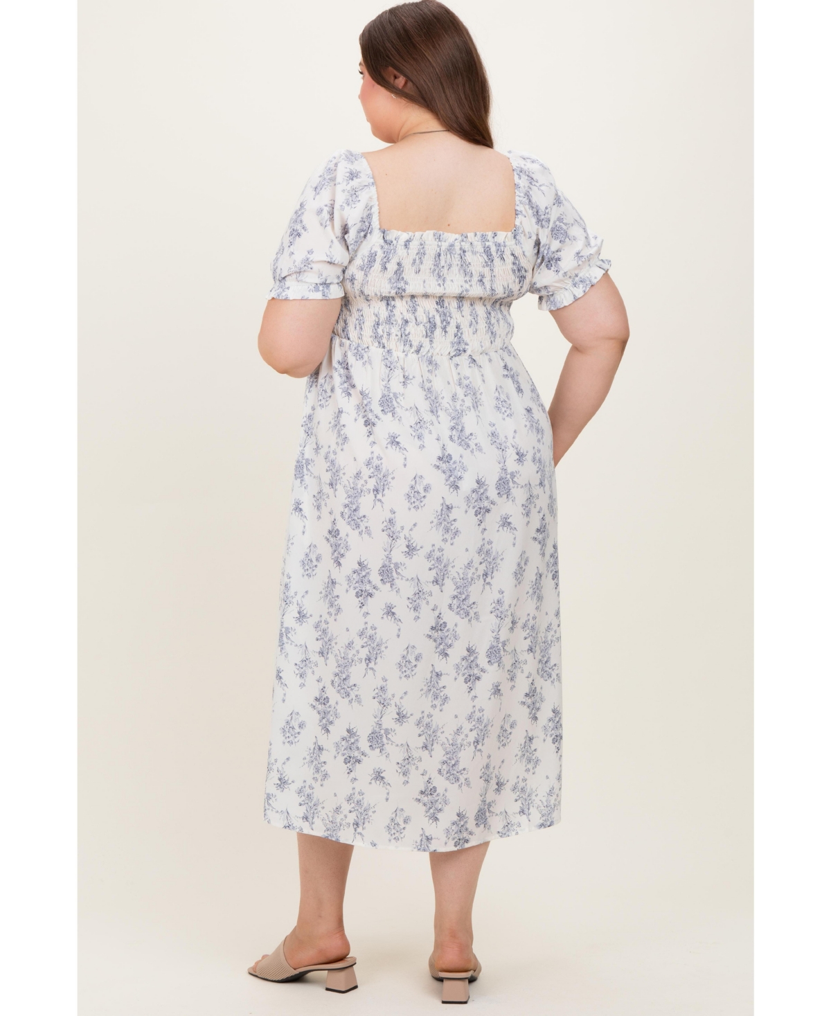 Pinkblush Plus Size Ivory Floral Smocked Sweetheart Neckline Midi Dress