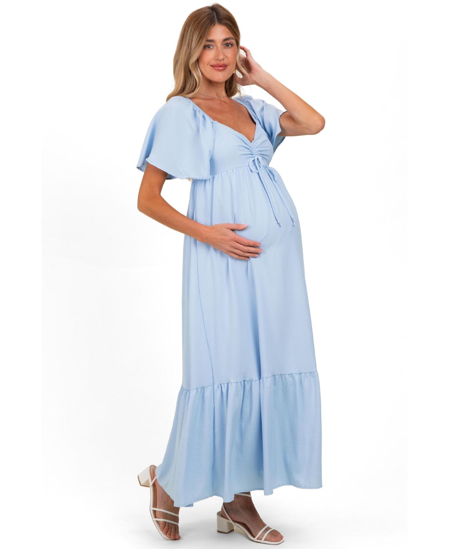 Maternity Light Blue Flutter Sleeve Ruffle Hem Maxi Dress