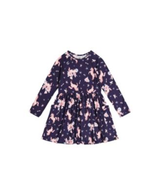 Girls' (6-12) Long Sleeve Unicorn Print Dress