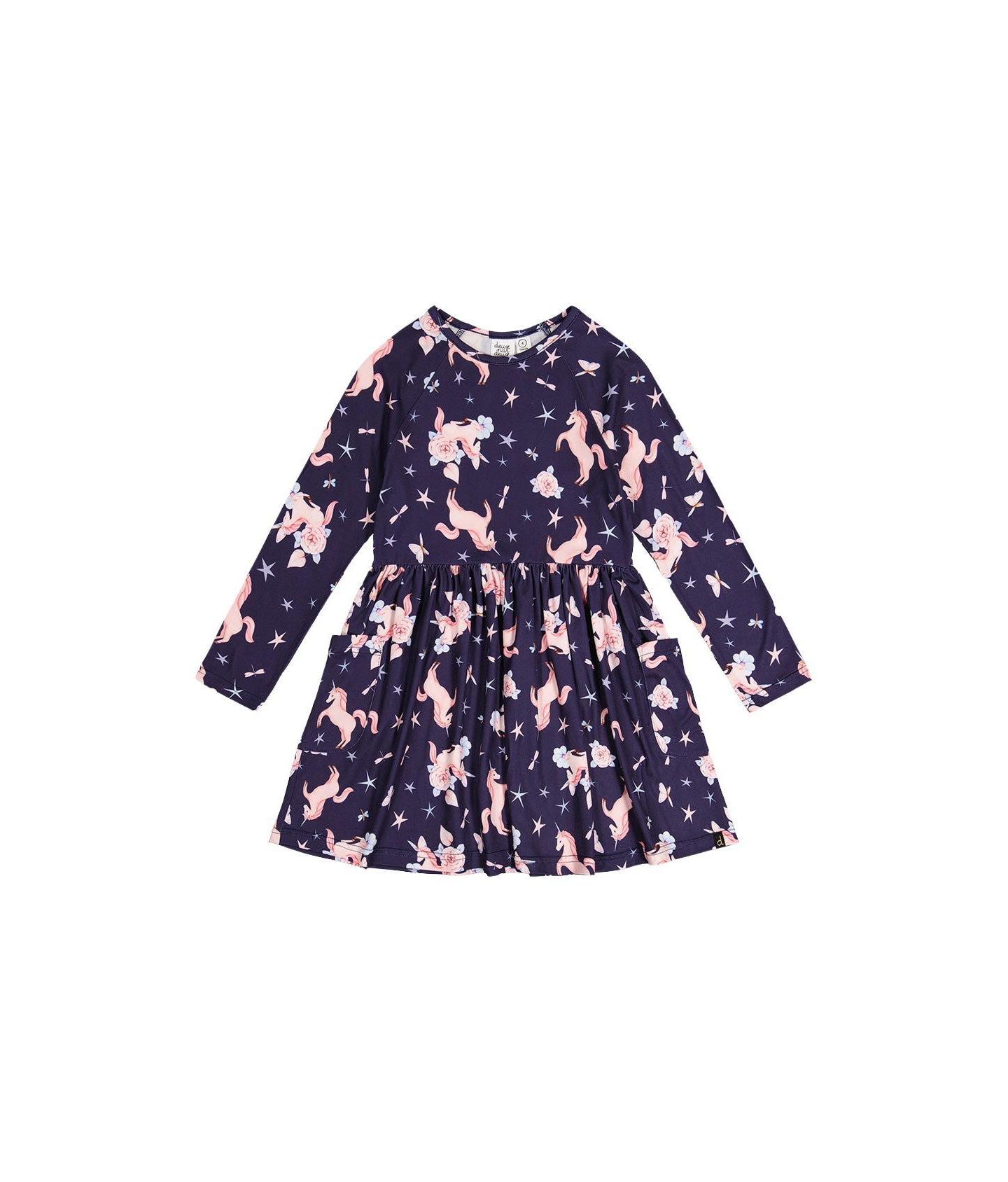 Платье Deux par Deux Long Sleeve Unicorn Print Dress для девочек, цвет: Тёмно-синий с принтом — фото 1