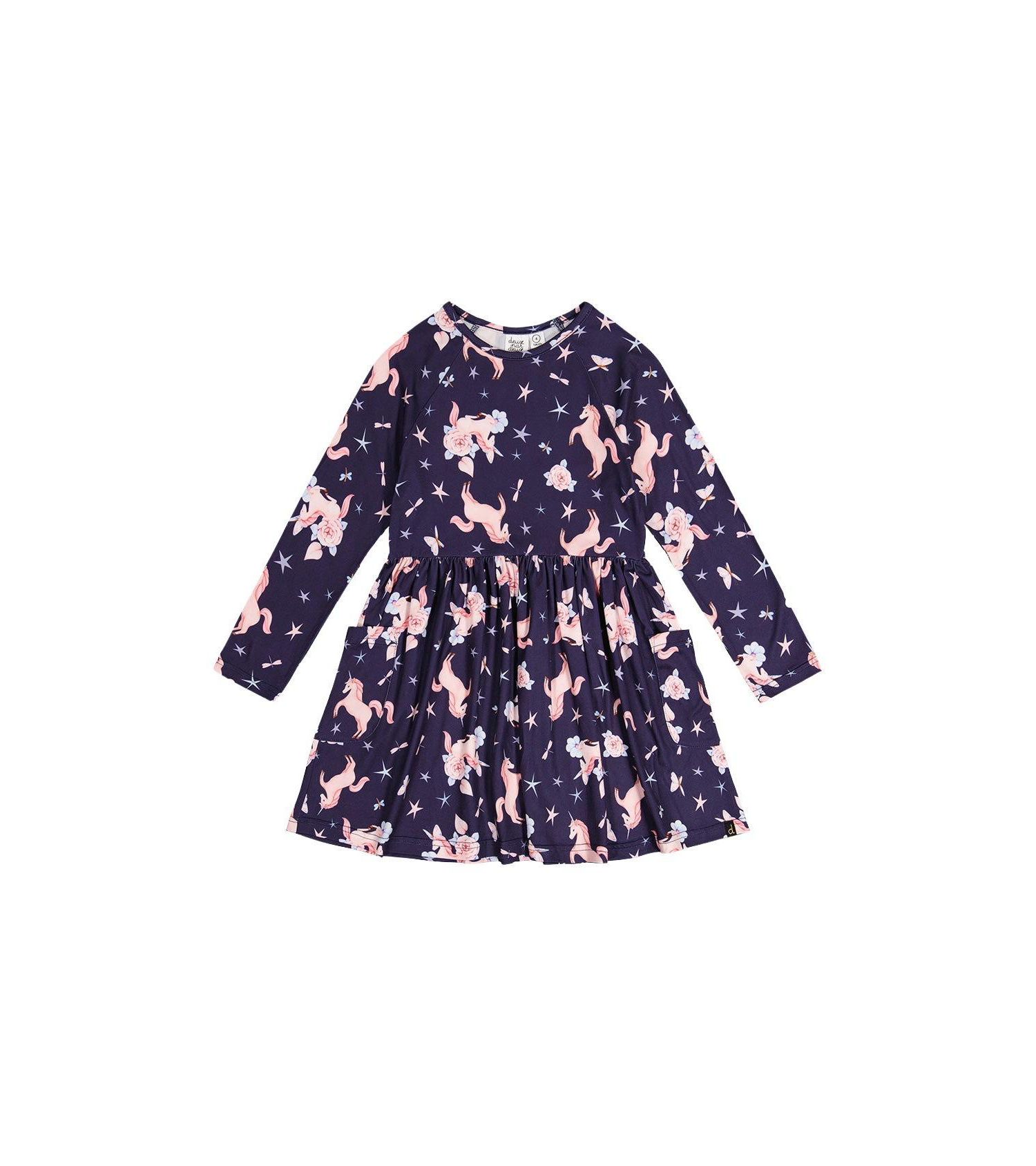 Girls' (6-12) Long Sleeve Unicorn Print Dress