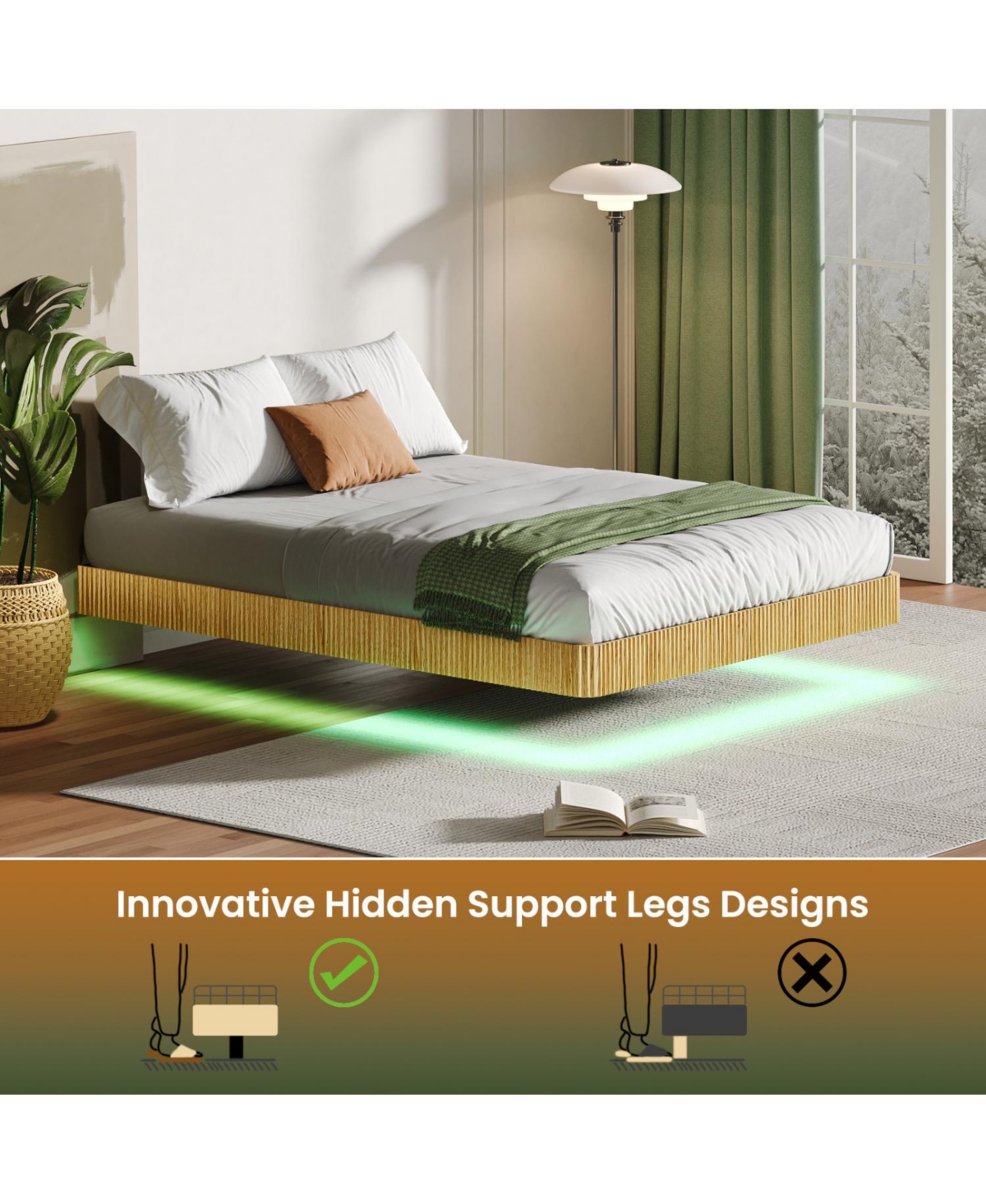 Rainsken Floating Bed Frame with Led Lights, Fluted Wave Curve Wood Floating Bed Frame, with Heavy Duty Metal Slats - No Box Spring Needed