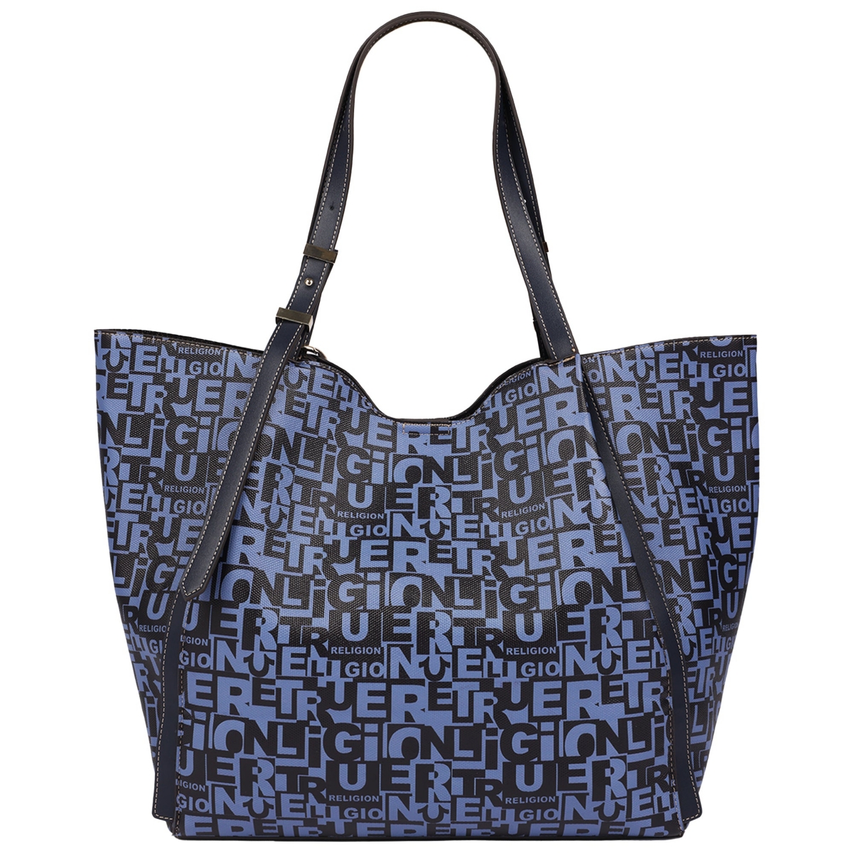 True Religion Women's Multi Patch Graphic Tote Bag with Buddha Charm and Adjustable Shoulder Straps