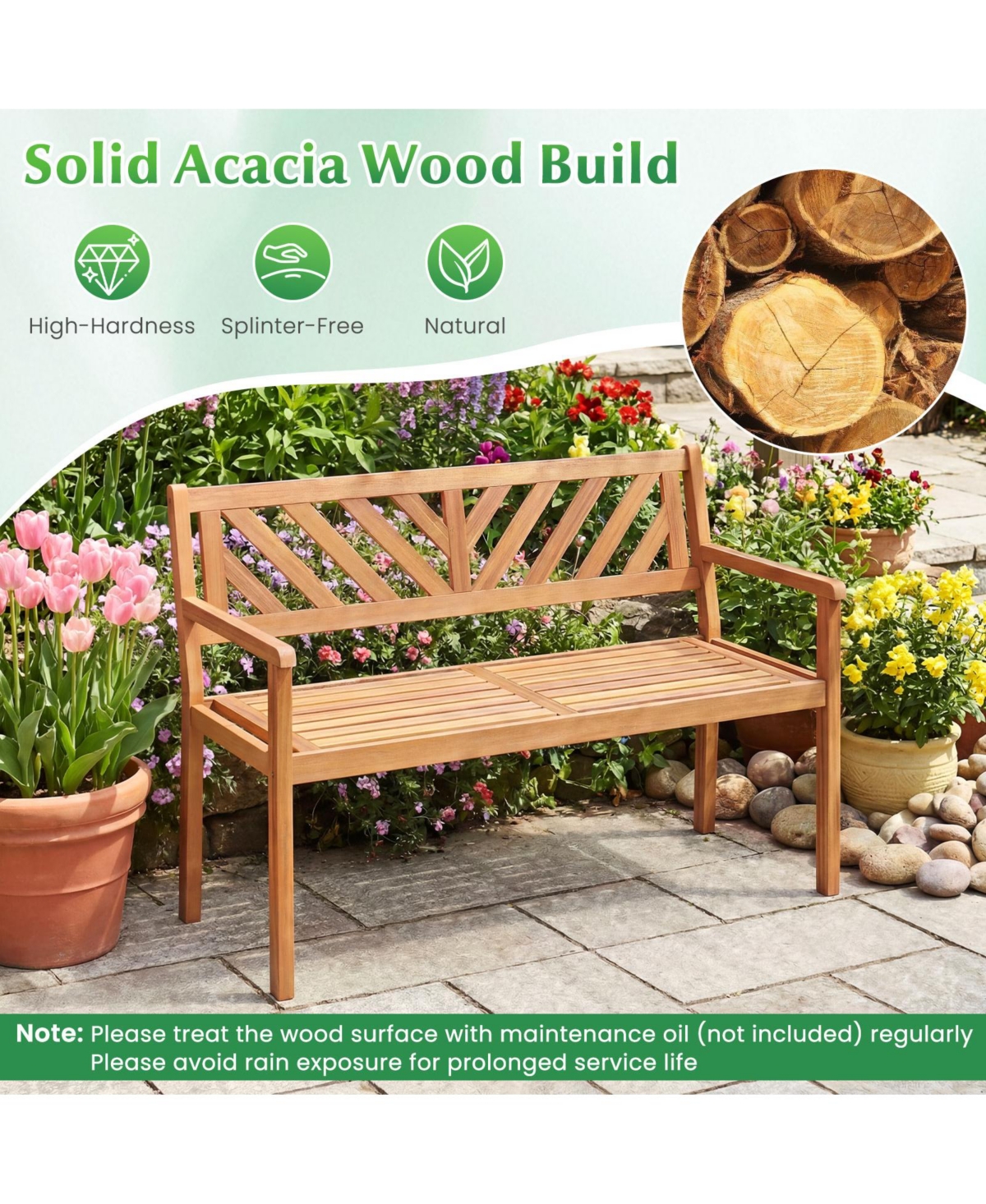 Gymax Outdoor Loveseat Bench 2-Person Patio Acacia Wood Garden Chair with Armrests
