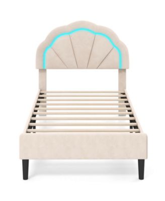 Upholstered LED Bed Frame Soft Velvet Platform Bed with Flower Headboard