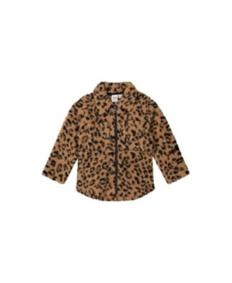 Toddler Girl 2T-5T Zipped Sherpa Overshirt with Chest Pockets Leopard Fur