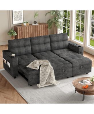 Velvet Sectional Sofa Bed – Chaise Lounge Sleeper Couch with USB Ports and Cup Holders for Living Room