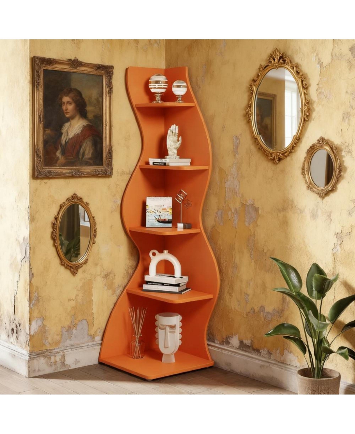 Rainsken 5-Tier Wall Corner Bookshelf, Modern Bookcase Storage Rack with Adjustable Shelves, Unique Shape for Living Room