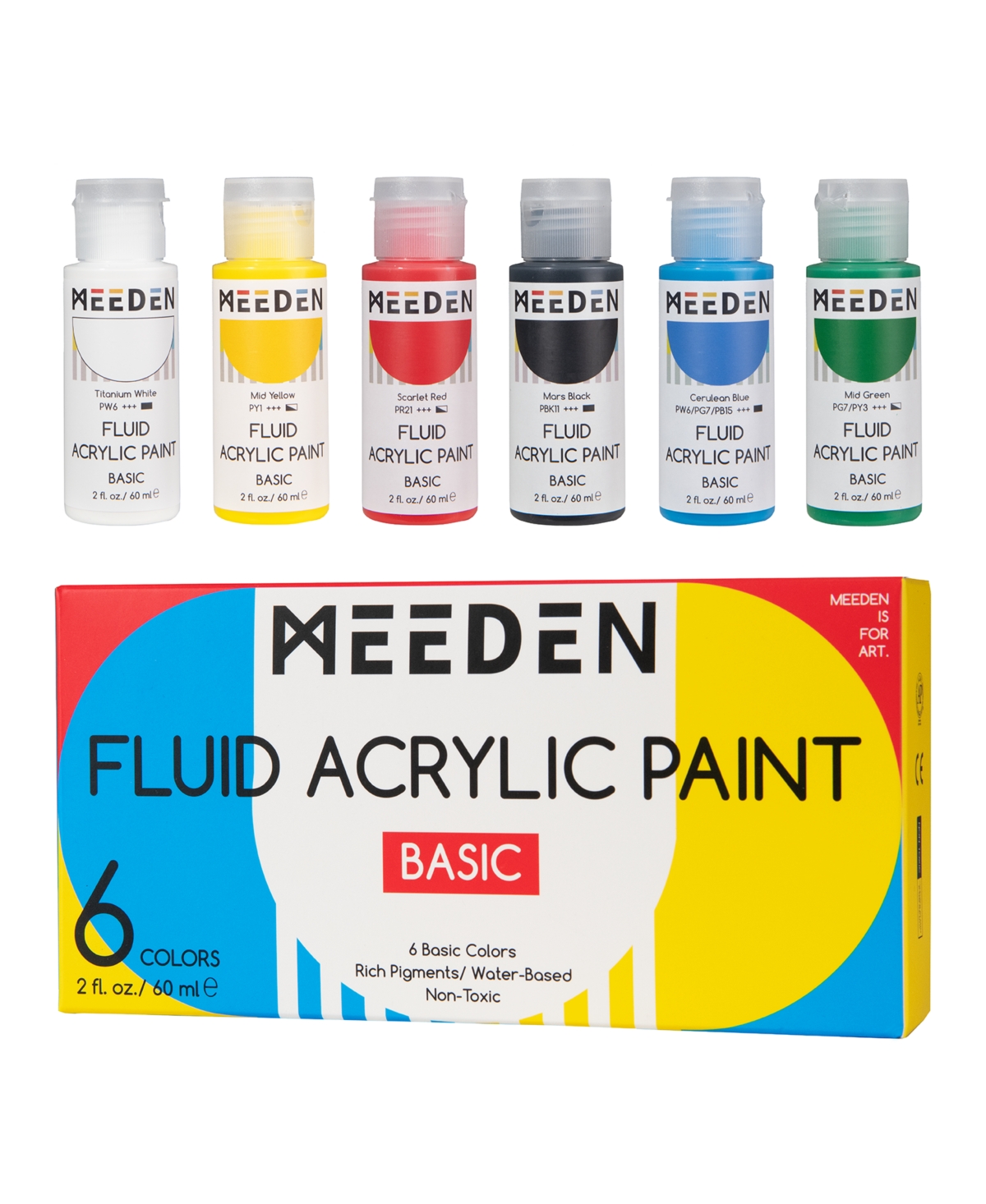 Meeden Fluid Acrylic Paint Set, 6 Vibrant Colors/Bottles (2 oz, 60 ml), Rich Pigments, High Flow Acrylic Paints for Artists, Adults, Kids