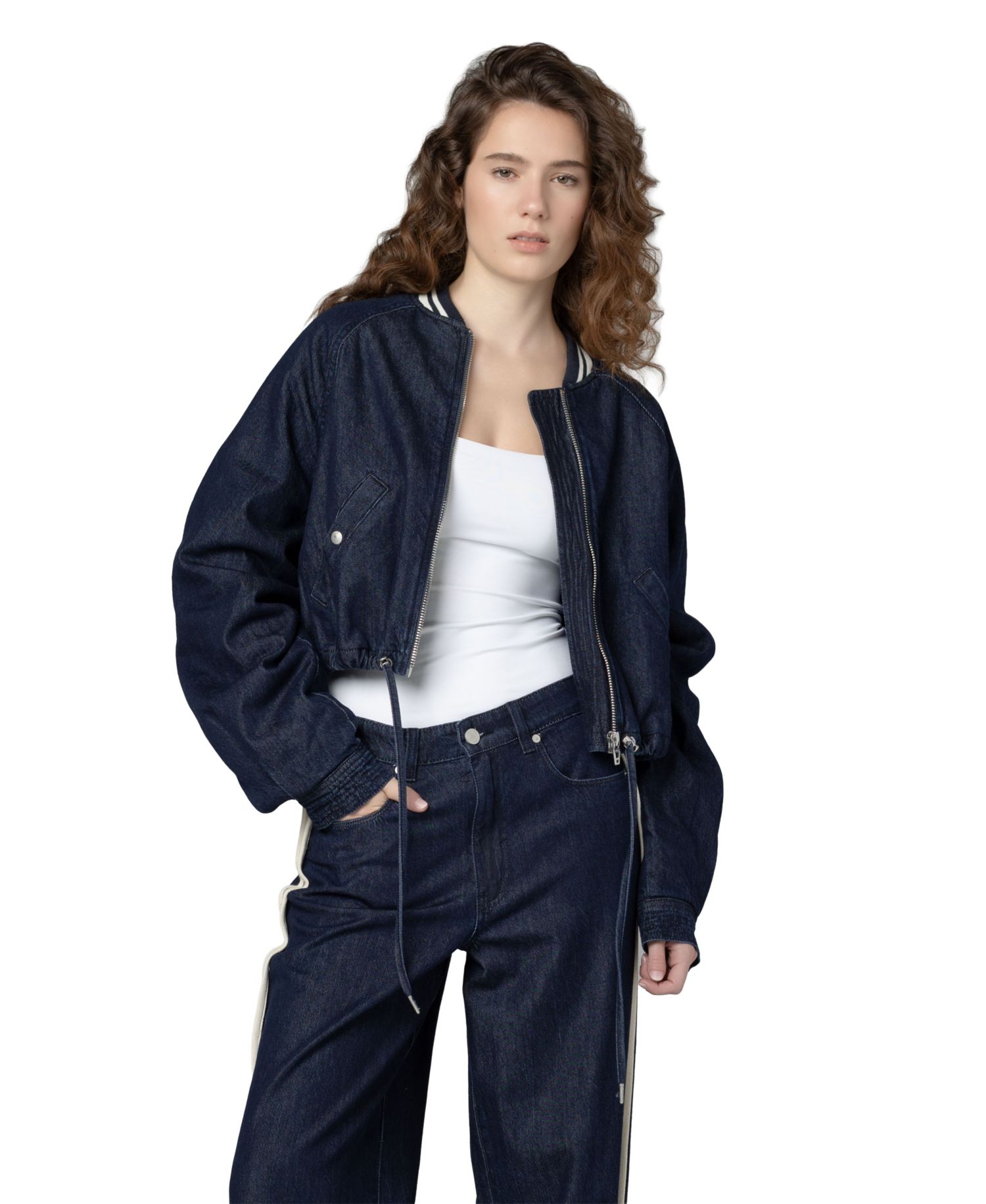 Women's Play Time Collarless Denim Bomber Jacket