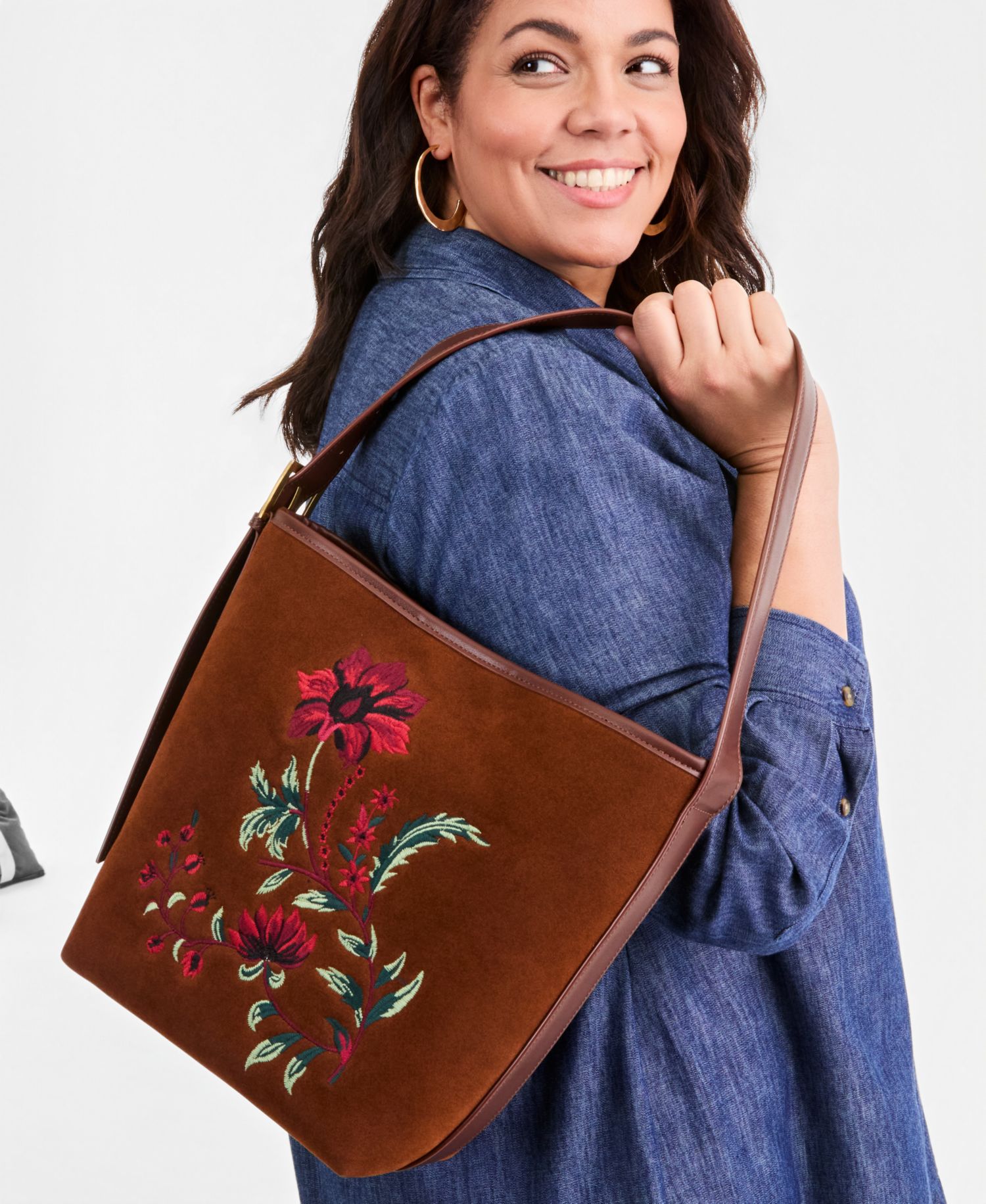 Floral Embroidered Soft Bucket Bag