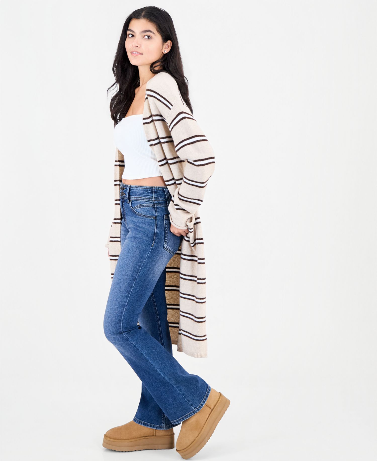 Juniors' Striped Open-Front Duster Cardigan