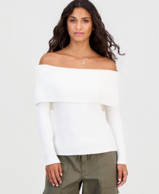 Juniors' Marilyn Striped Off-the-Shoulder Ribbed Pullover