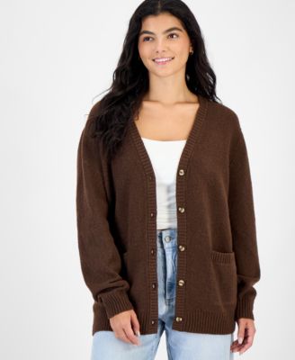 Juniors' V-Neck Boyfriend Button-Front Cardigan