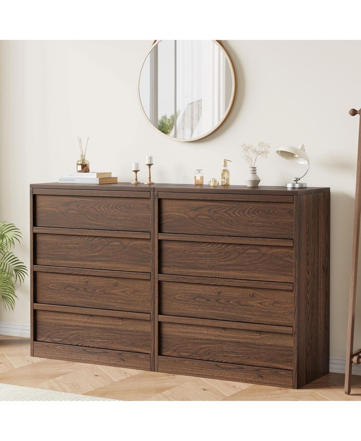 homfan 4-Drawer Walnut Nightstand for Bedroom, Wooden Small Bedside Cabinet with Anti-Tip, Modern End Table for Living Room