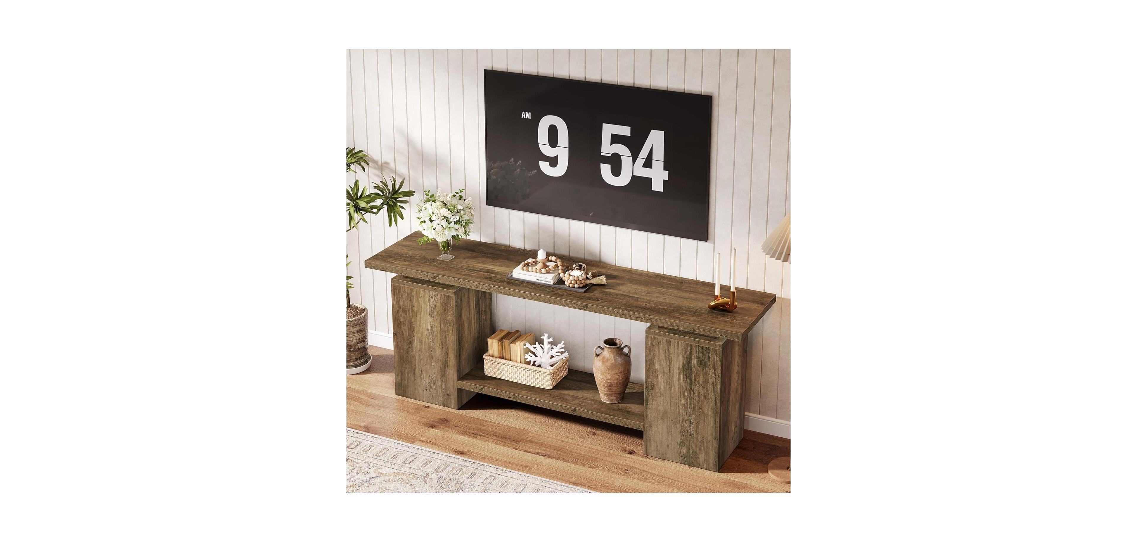 Tribesigns 63" Farmhouse Tv Stand for TVs up to 65", Rustic Wood Entertainment Center with Open Storage Shelf
