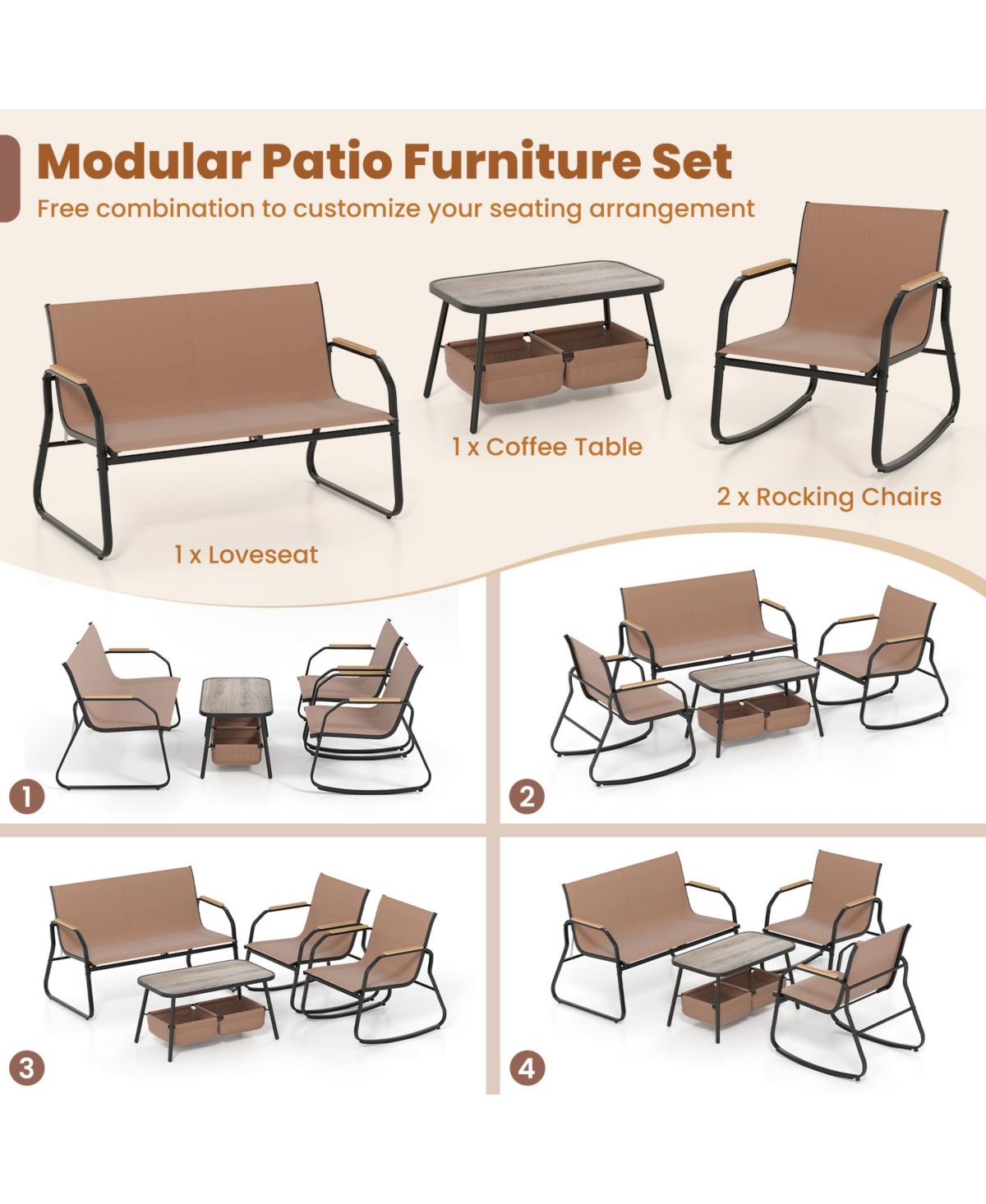 Slickblue 4 Piece Outdoor Patio Set with Rocking Chairs and Mesh Fabric Seating