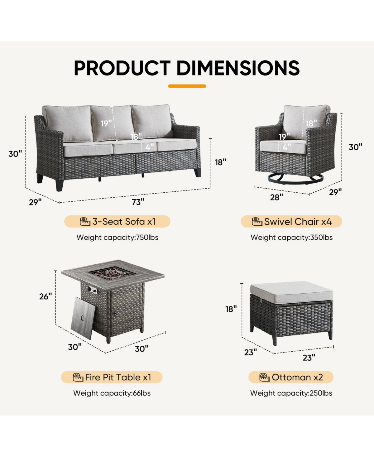 Pocassy 8 Piece Outdoor Furniture Set with Fire Pit Table, Wicker Conversation Cushions and Swivel Glide, All Weather Patio