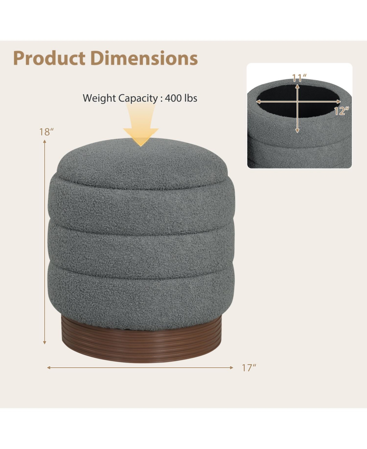 Slickblue Living Room Round Storage Ottoman with Wood Frame and Hidden