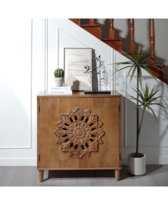 Rustic Hand-Carved Floral 2-Door Wooden Cabinet Bohemian Style Solid Wood Leg Storage Sideboard for Home Decor