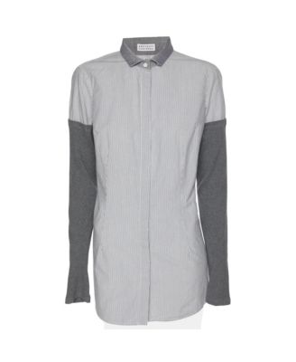 Women's Pinstripe Cotton Shirt with Cashmere Sleeves
