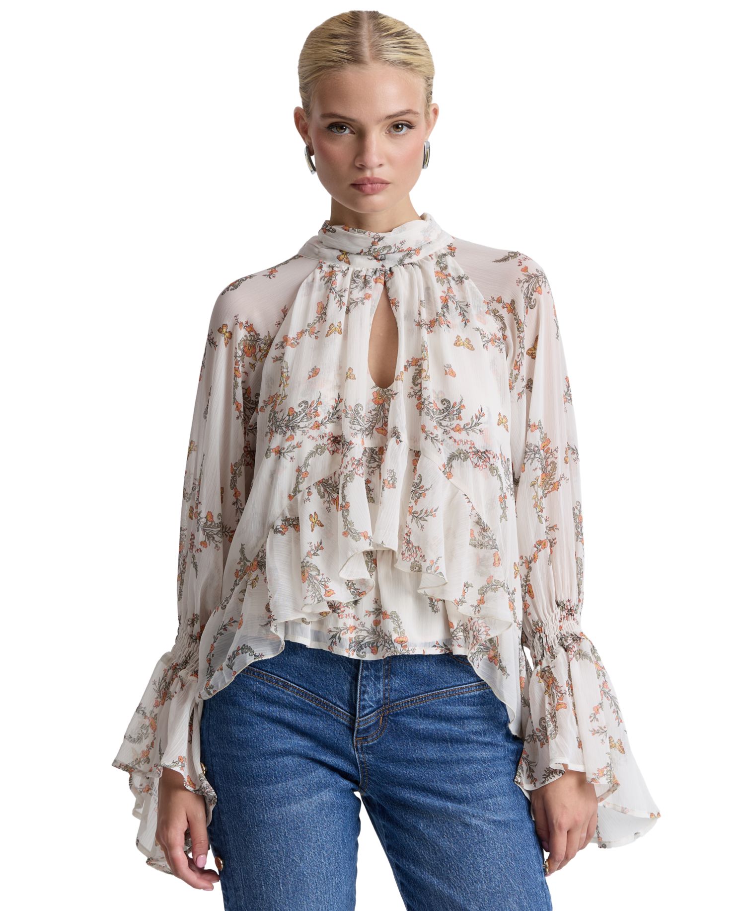 Women's Floral High-Neck Puff-Sleeve Top