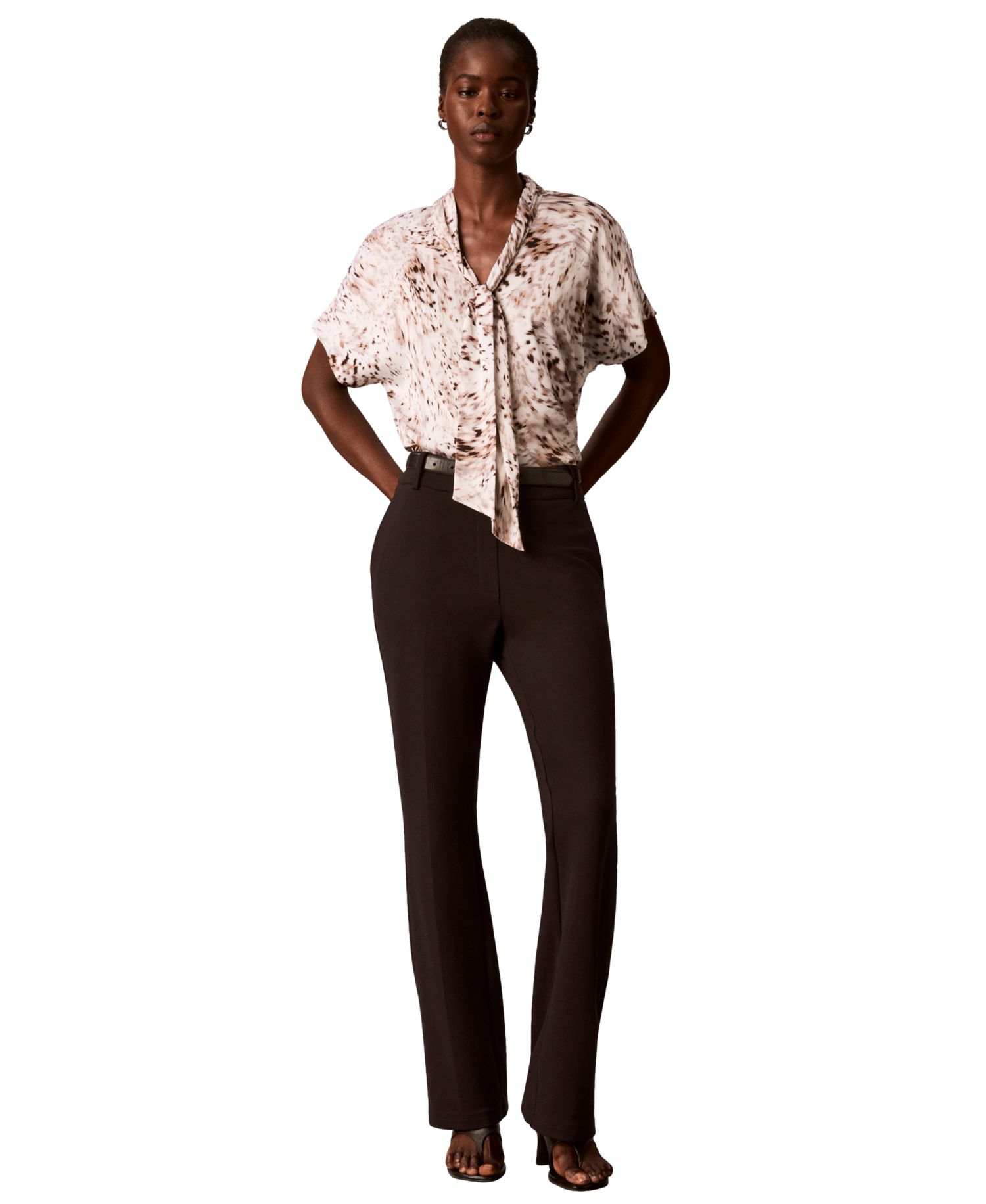 Women's Printed Flat Satin Tie-Neck Blouse
