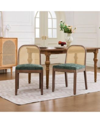 Curved Arched Cane Back Dining Chairs Set of 2, Chenille Cushion, Solid Wood Frame, for Living Room Dining Room