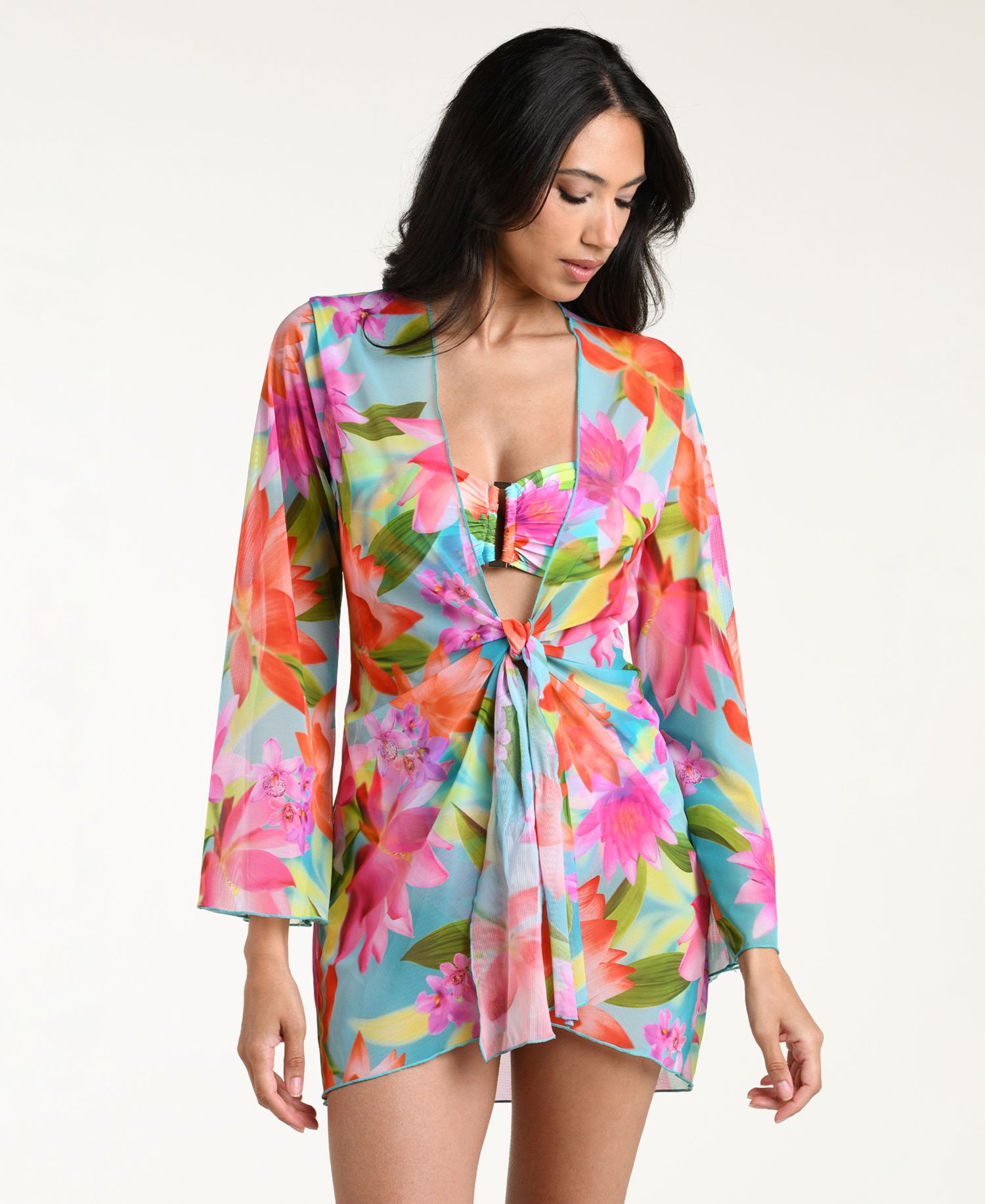 Women's Sunset Botanica Tie-Front Swim Cover-Up Kimono Dress
