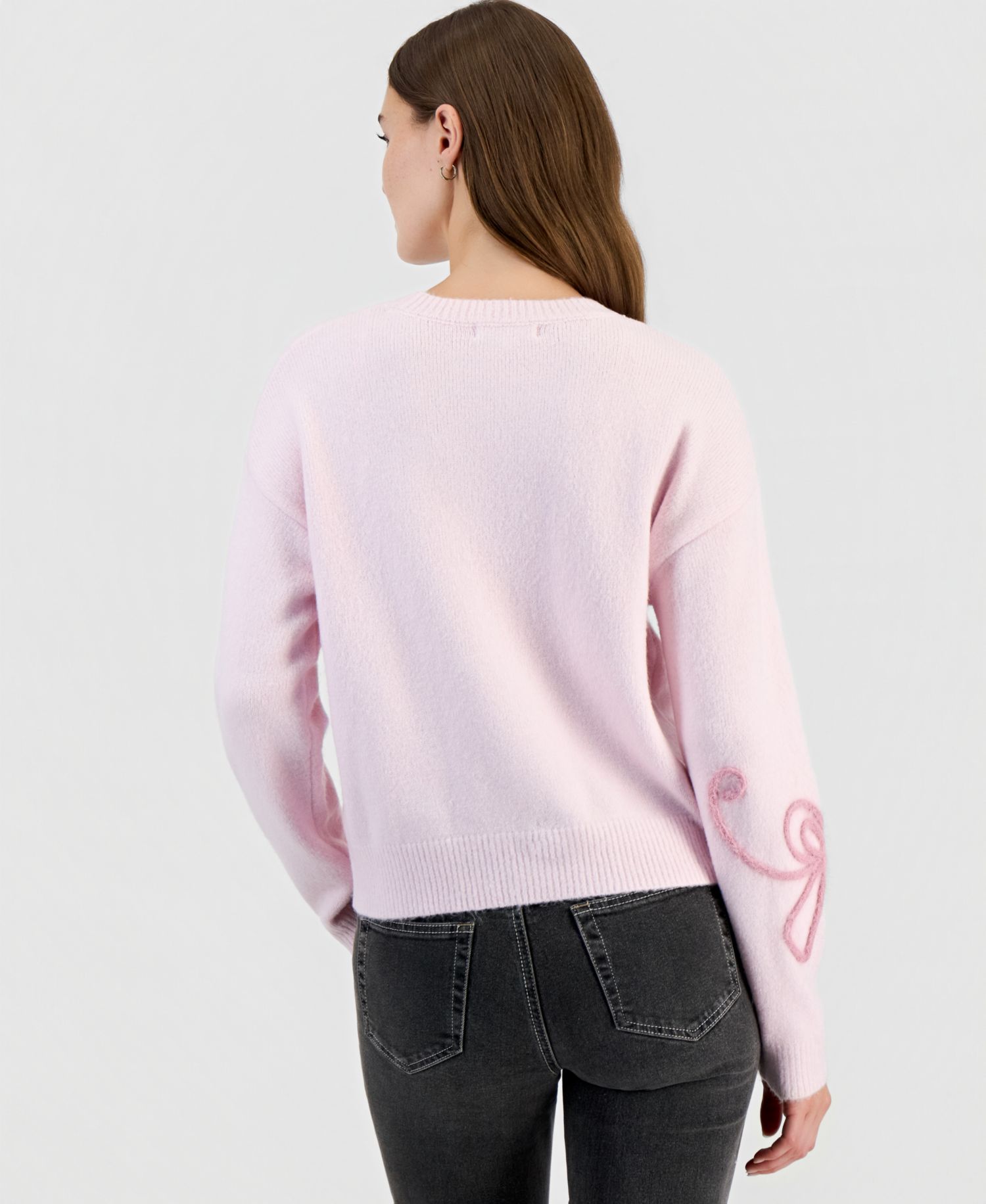 Juniors' Feather Soutache Bow Long-Sleeve Crewneck Sweater