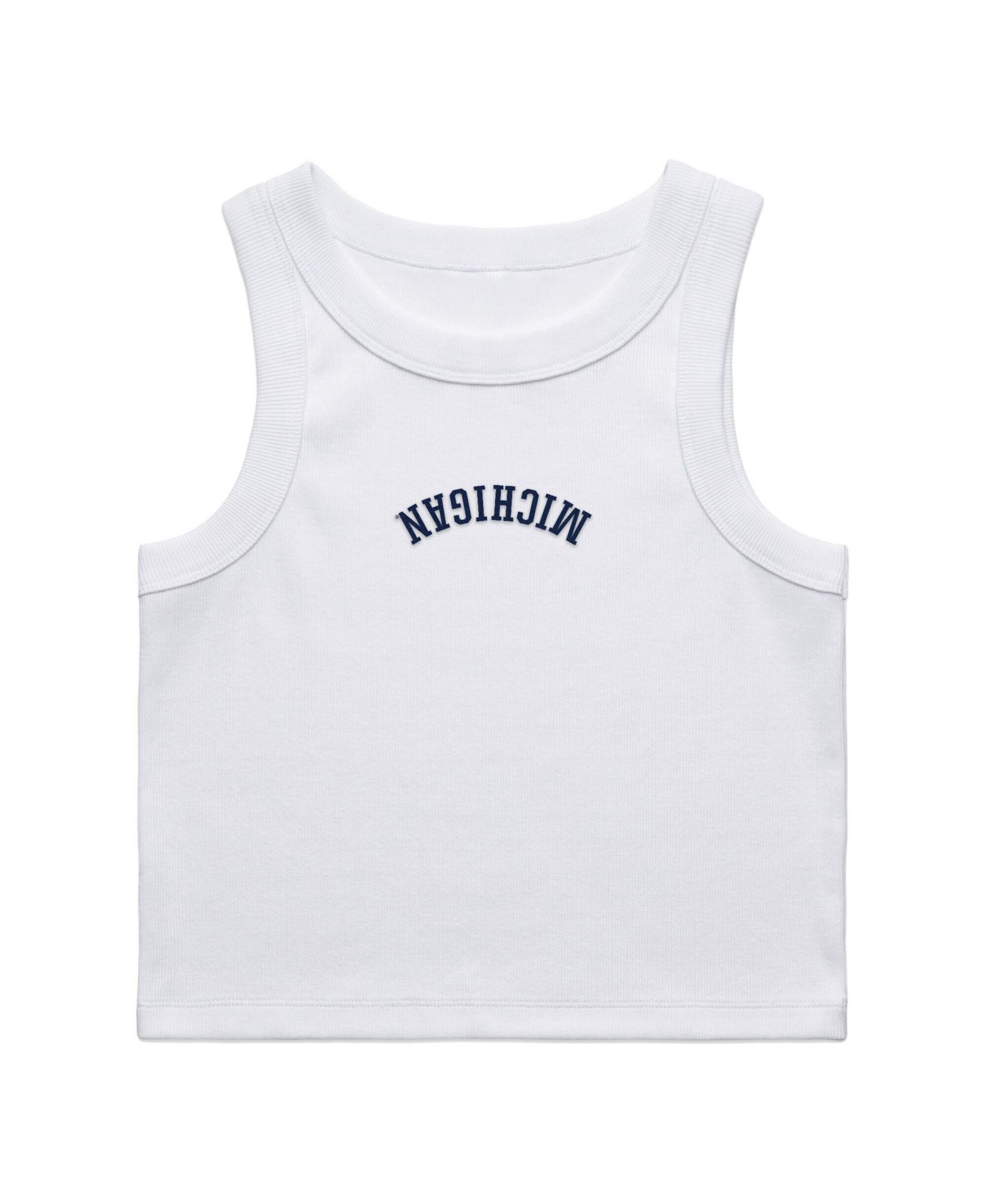 Women's White Michigan Wolverines Upside Down Embroidery Ribbed Cropped Tank Top