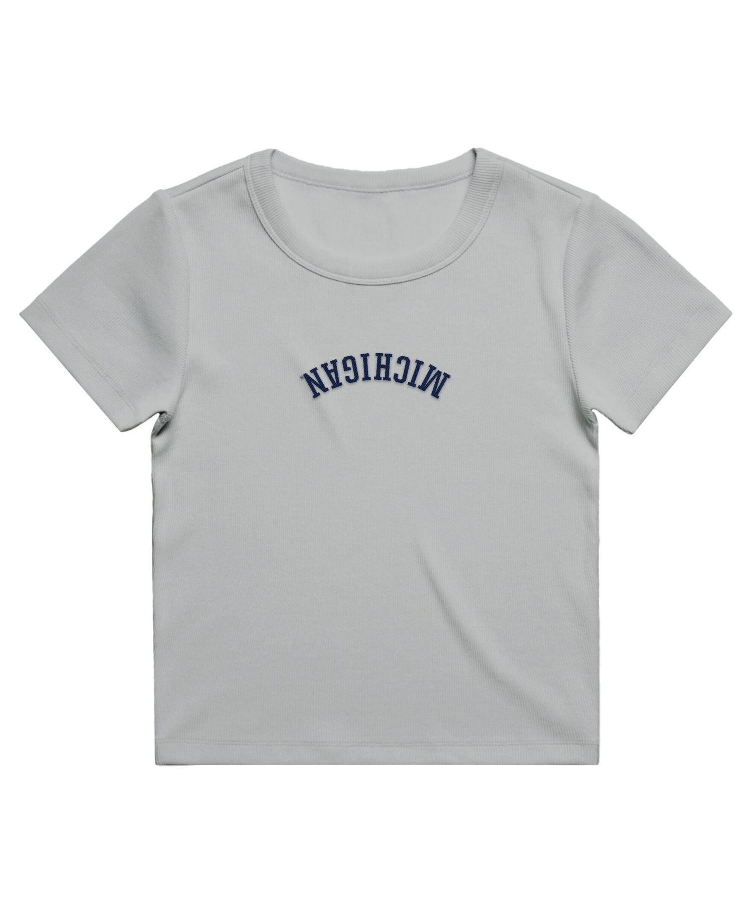 Women's Gray Michigan Wolverines Upside Down Embroidery Ribbed Cropped T-Shirt