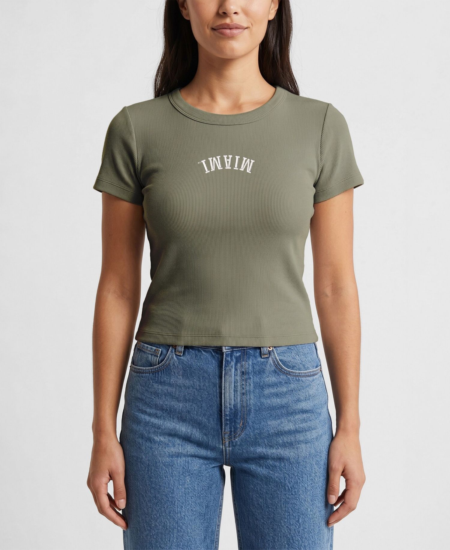 Women's Green Miami Hurricanes Upside Down Embroidery Ribbed Cropped T-Shirt
