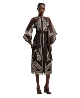 Women's Embroidered Mandarin Collar Midi Dress