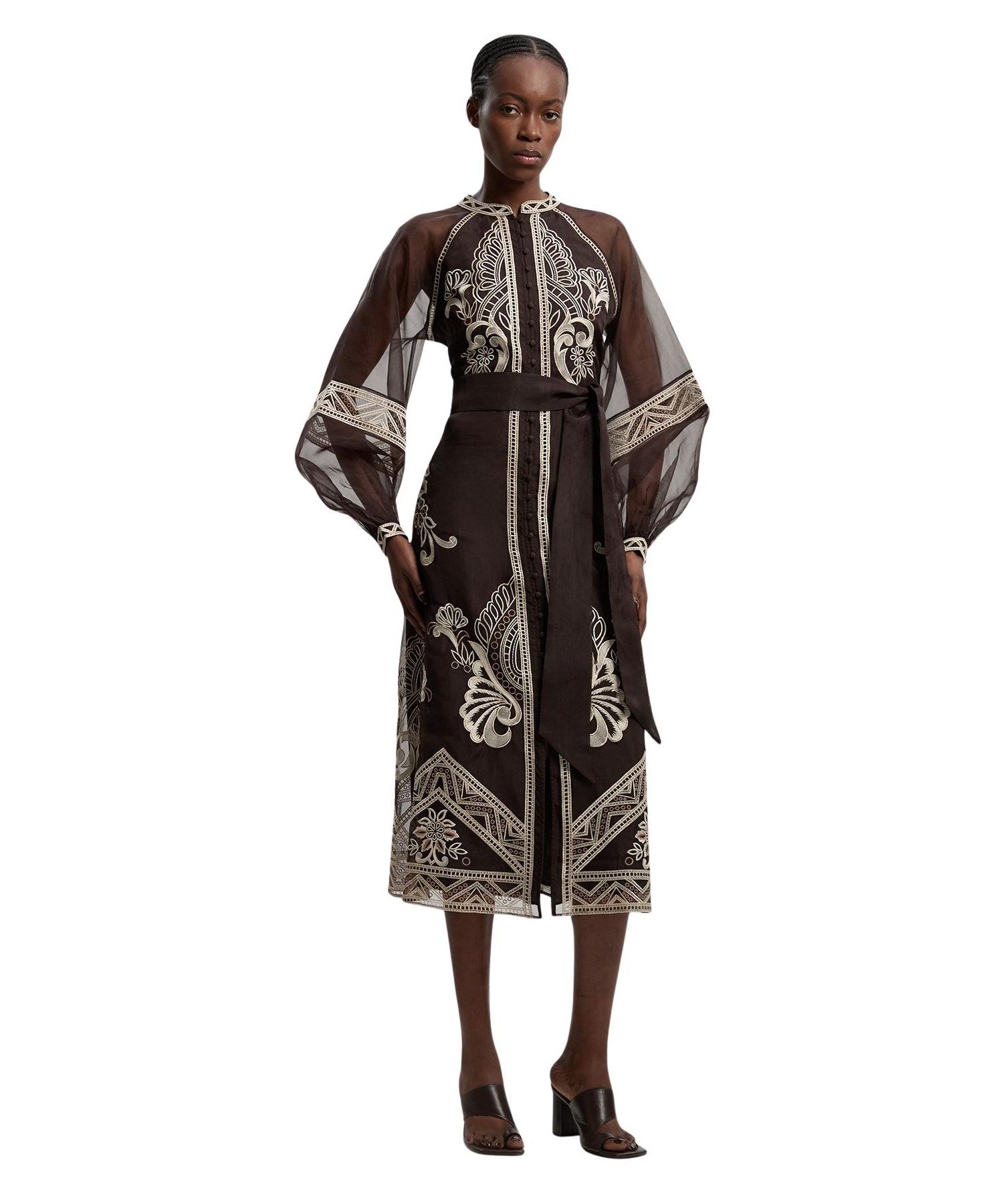 Women's Embroidered Mandarin Collar Midi Dress
