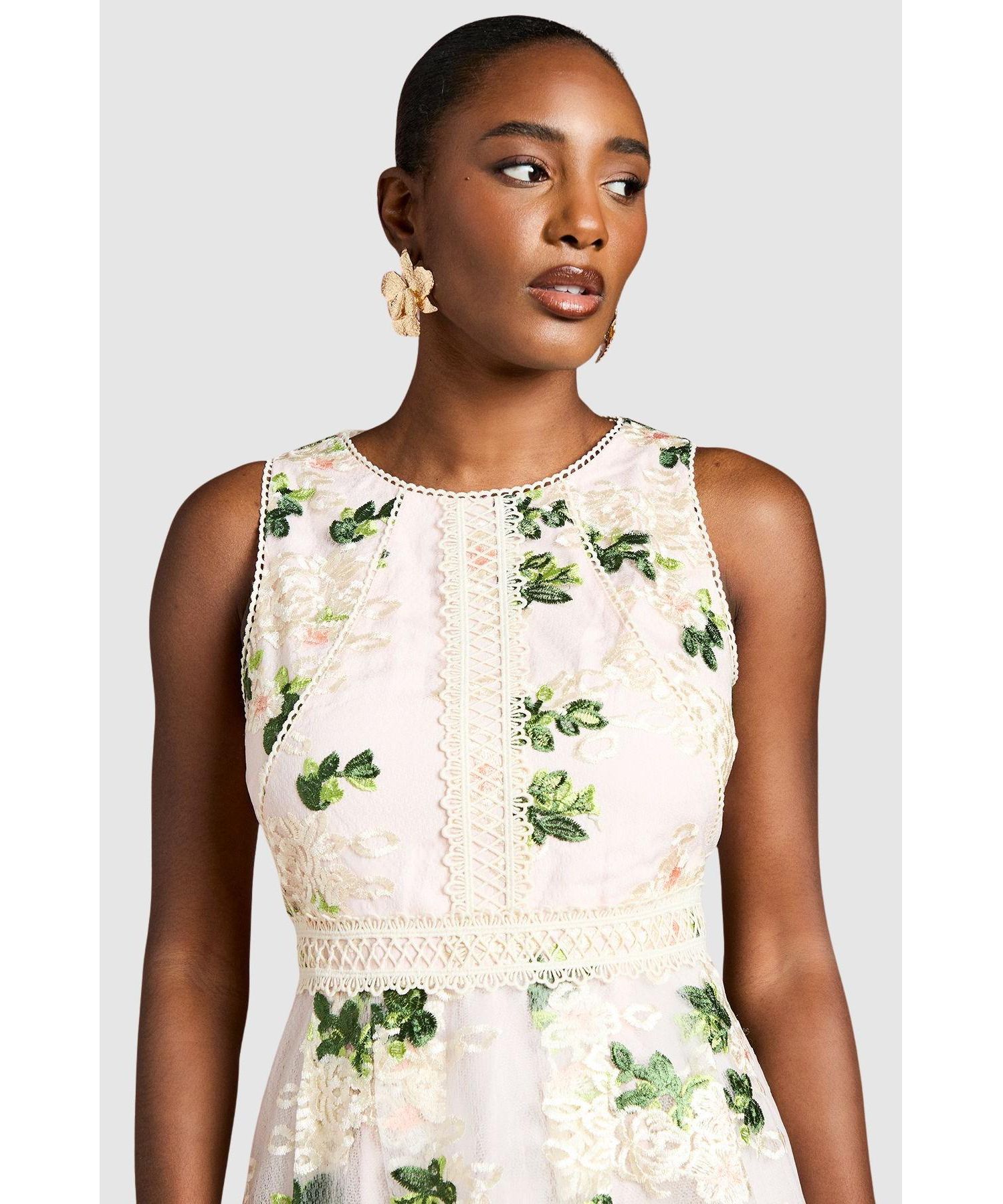 Women's Embroidered Mesh Lace Skirted Midi Dress