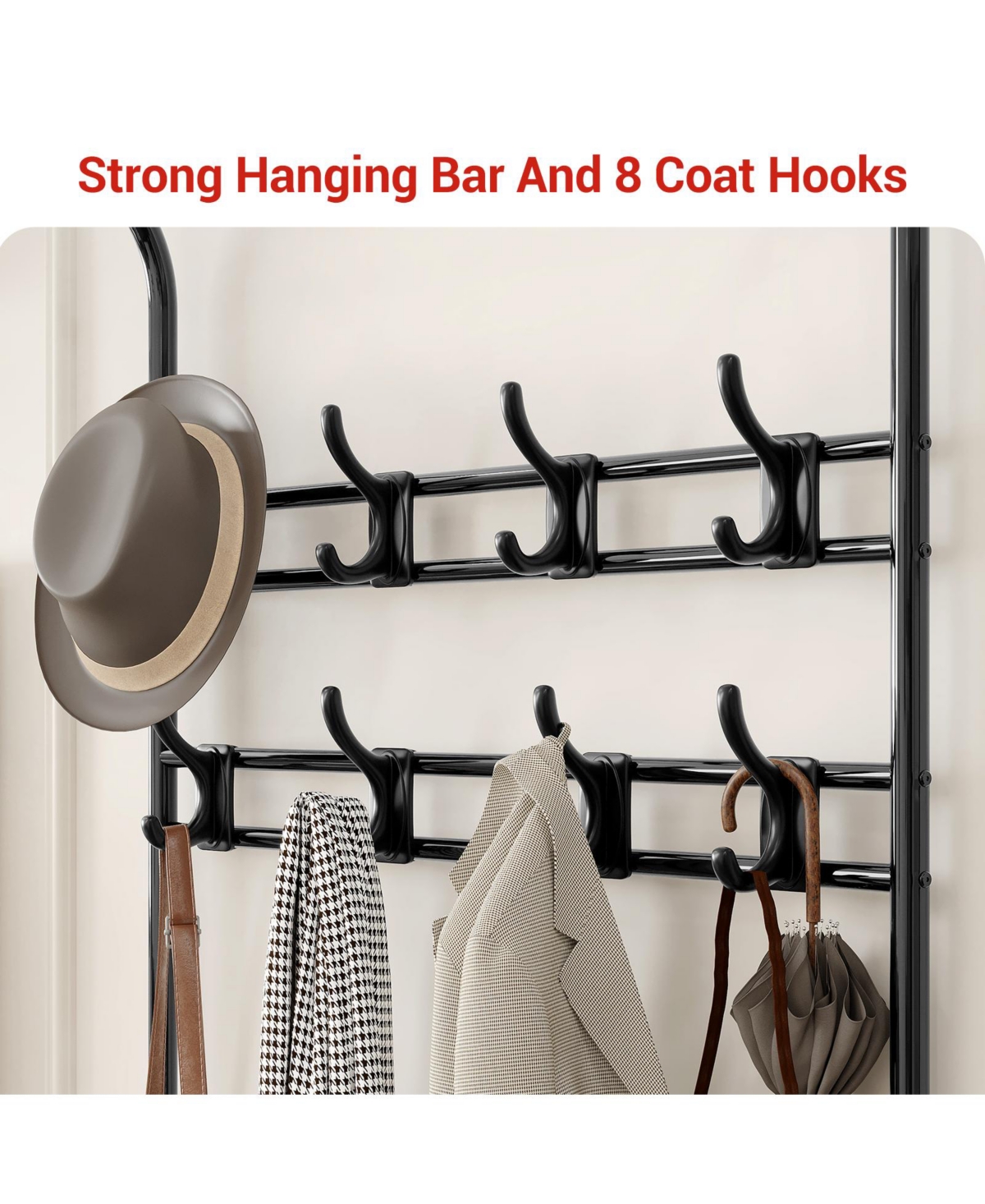 homfan 3-in-1 Hallway Coat Rack with Shoe Bench, Sturdy Iron and Wood Multi-shelf Storage Organizer for Entryway Home Office