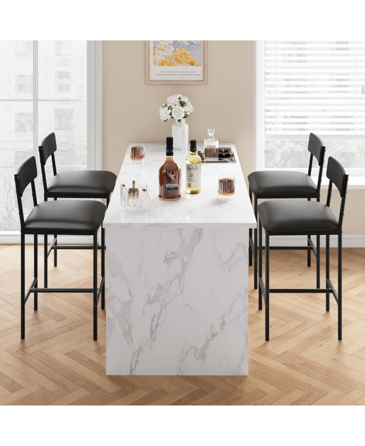 homfan Set of 6 24-Inch Bar Stools Counter Height Upholstered Dining Chairs with Backrest Metal Frame Kitchen Island Seating