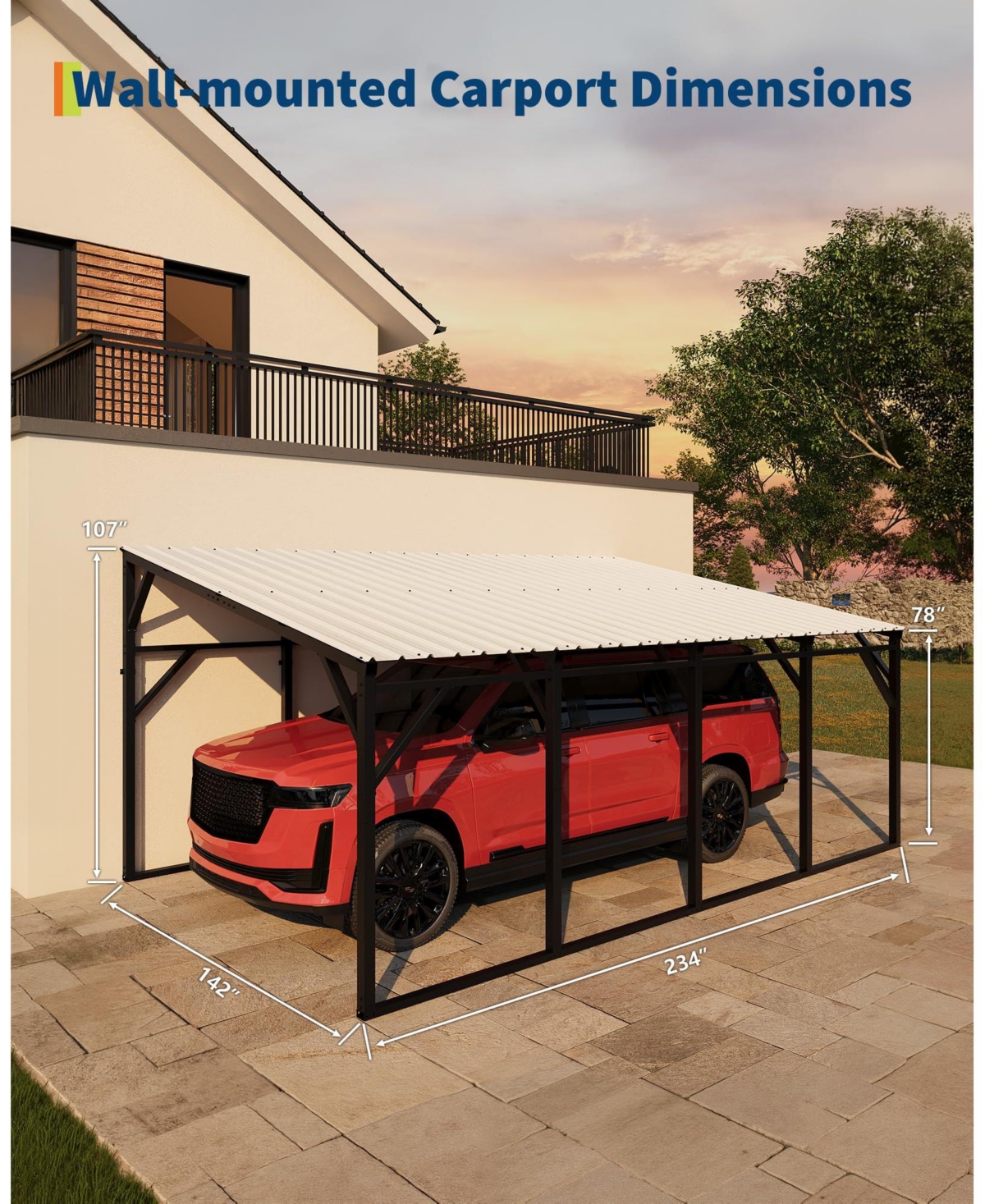 homfan 12 x 20 Ft Iron High-Low Carport Canopy with Steel Roof, Heavy Duty Outdoor Vehicle Shelter for Cars Trucks