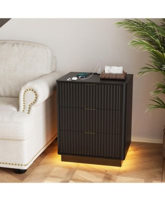 Fluted Nightstand with Charging Station, Wooden Nightstand with LED Light, Modern Mid Century Bedside End Table with 3 Drawers,Bedroom