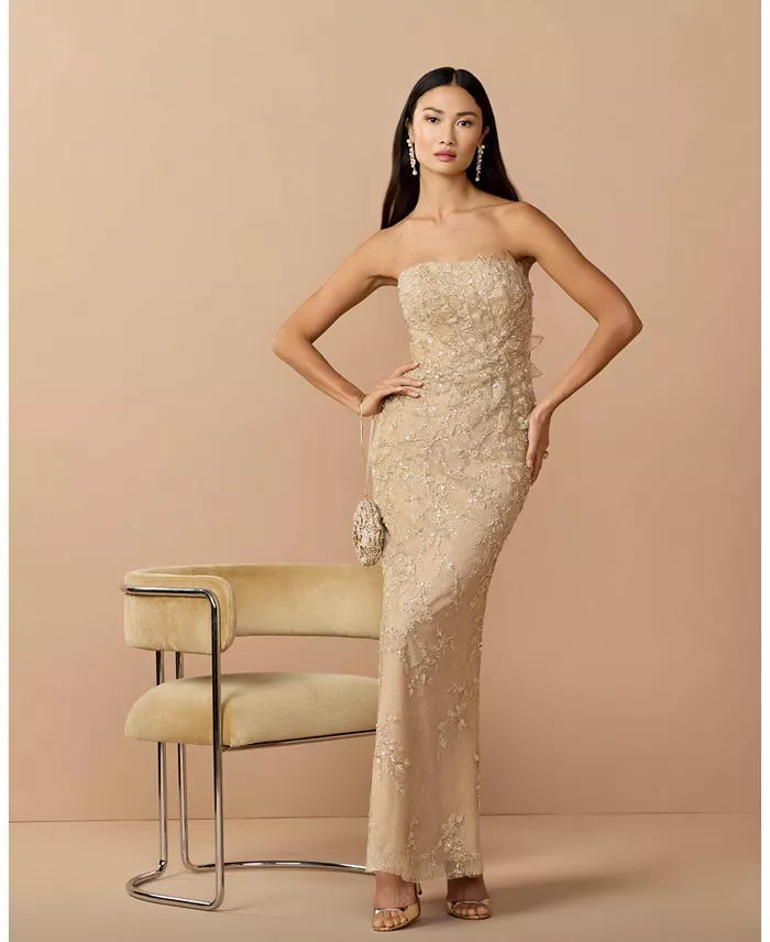 Petite Beaded Mermaid Gown with 3D Flowers - thumbnail 4
