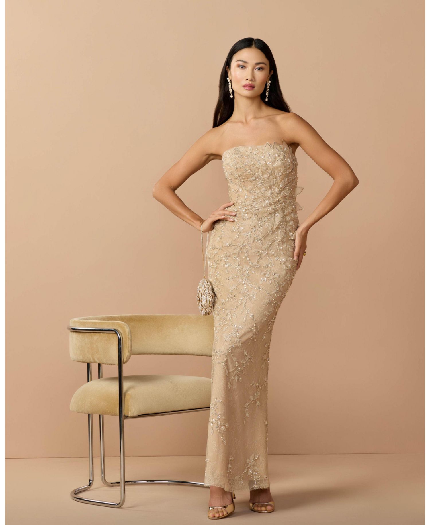 Petite Beaded Mermaid Gown with 3D Flowers