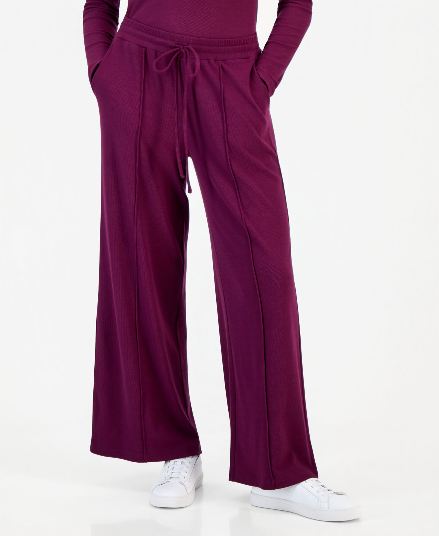 Petite Ribbed Knit High Rise Drawstring Wide-Leg Pants