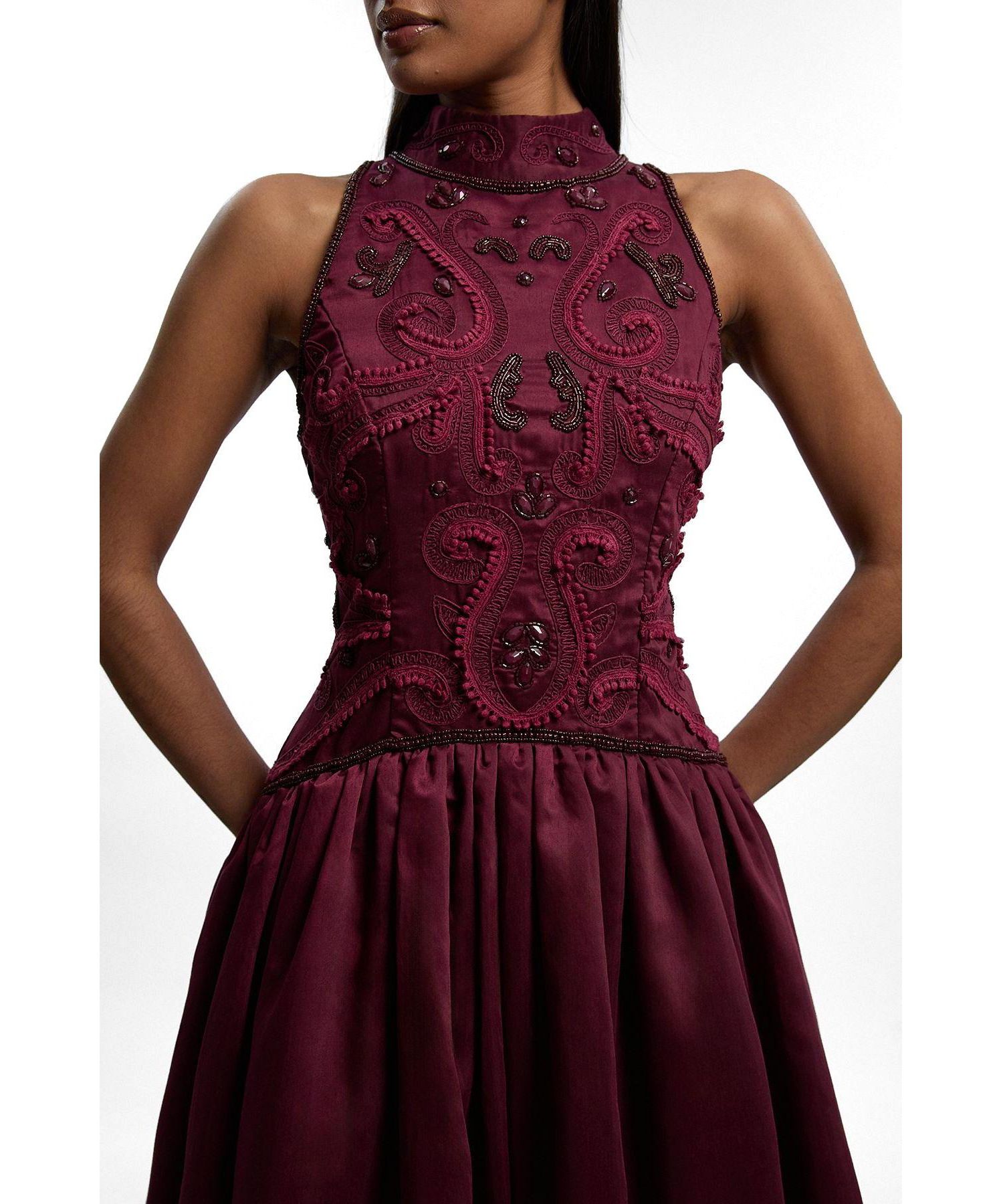 Taffeta High Neck Fit and Flare Dress