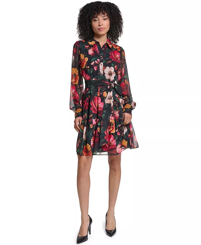 Women's Printed Grid Chiffon Shirtdress