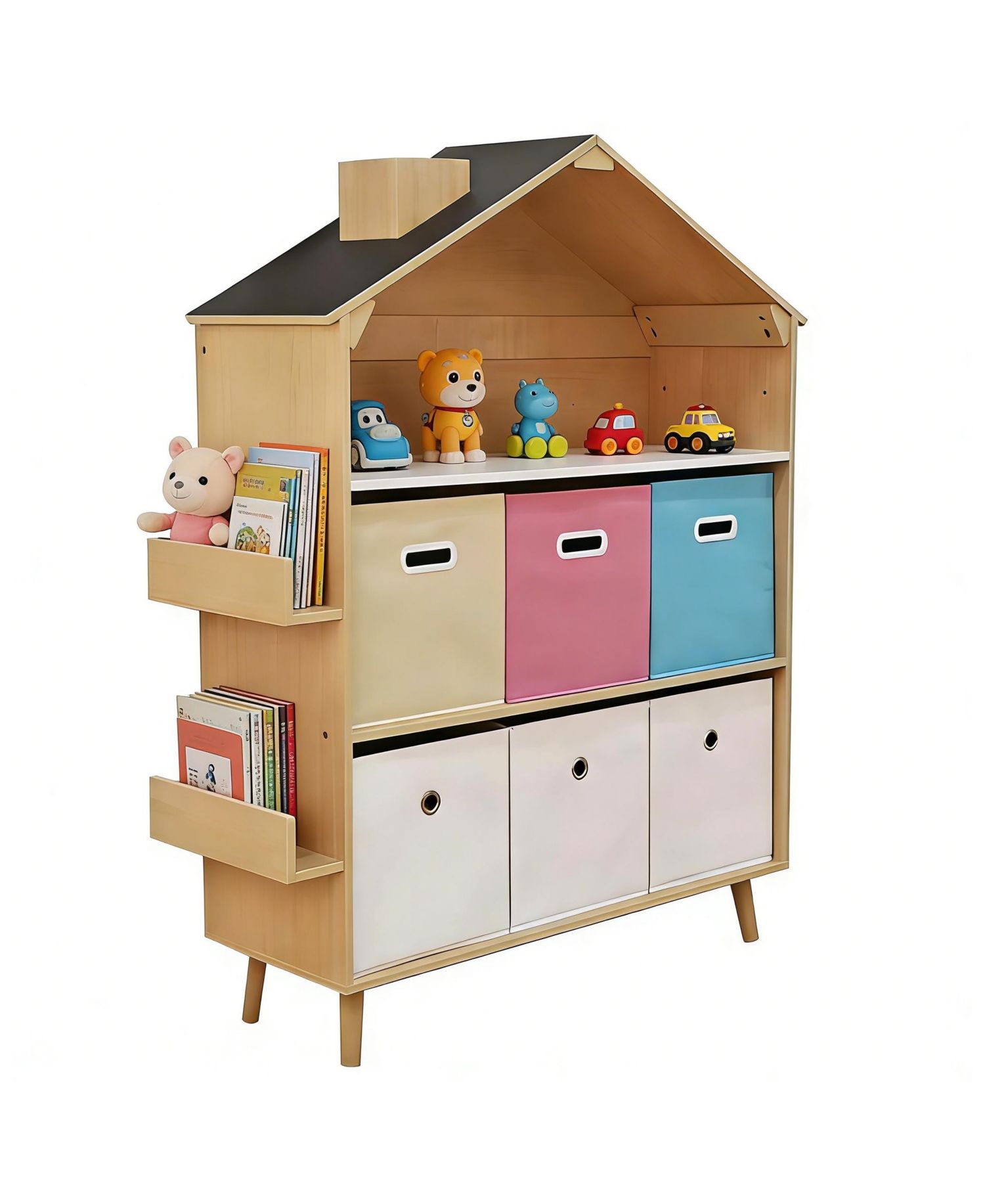 House-Style Kids Storage Cabinet, Multi-Bin Toy Organizer and Book Display Bookcase for Playrooms & Bedrooms