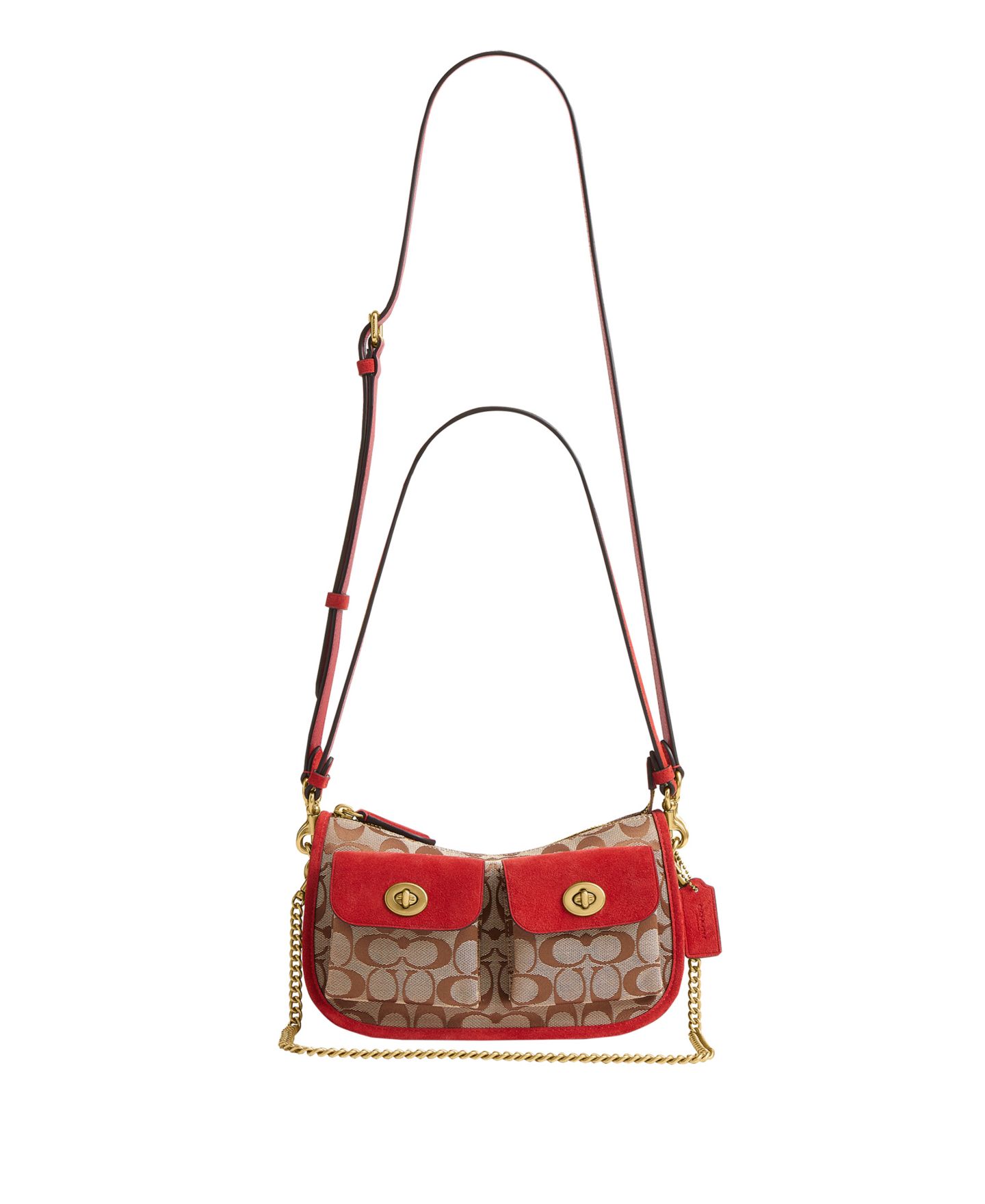Женская сумка COACH Originals Waverly Small Signature Jacquard Twin Turn-Lock Shoulder, цвет: Латунный / Маковый — фото 5
